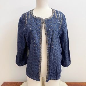 Chicos Blue Cotton Eyelet Embellished Open Jacket 2 (L/12) NWT